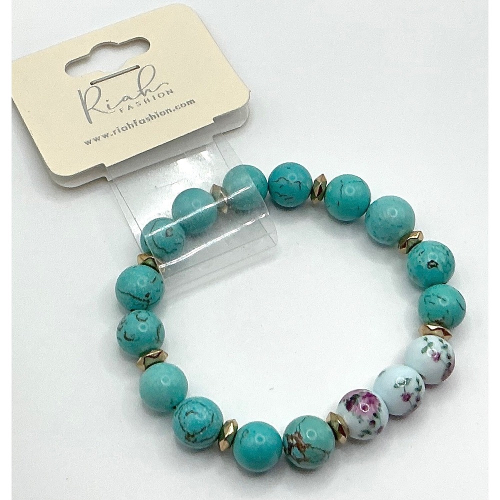 Riah‎ Fashion Turquoise Flower Beaded Stretch Bracelet  Gold Spacers NWT